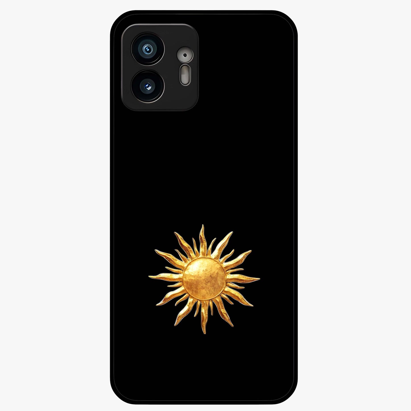 Golden Sun Minimalism Glass Case showing flat back view with minimal golden sun artwork and glossy glass finish.