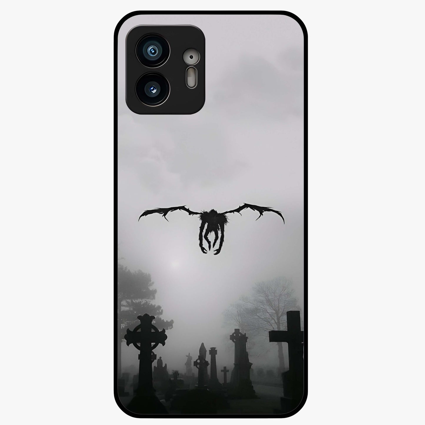 Graveyard Shadow Descent Glass Case showing flat back view with dark graveyard themed artwork and glossy glass finish.
