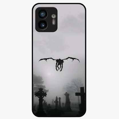 Graveyard Shadow Descent Glass Case showing flat back view with dark graveyard themed artwork and glossy glass finish.
