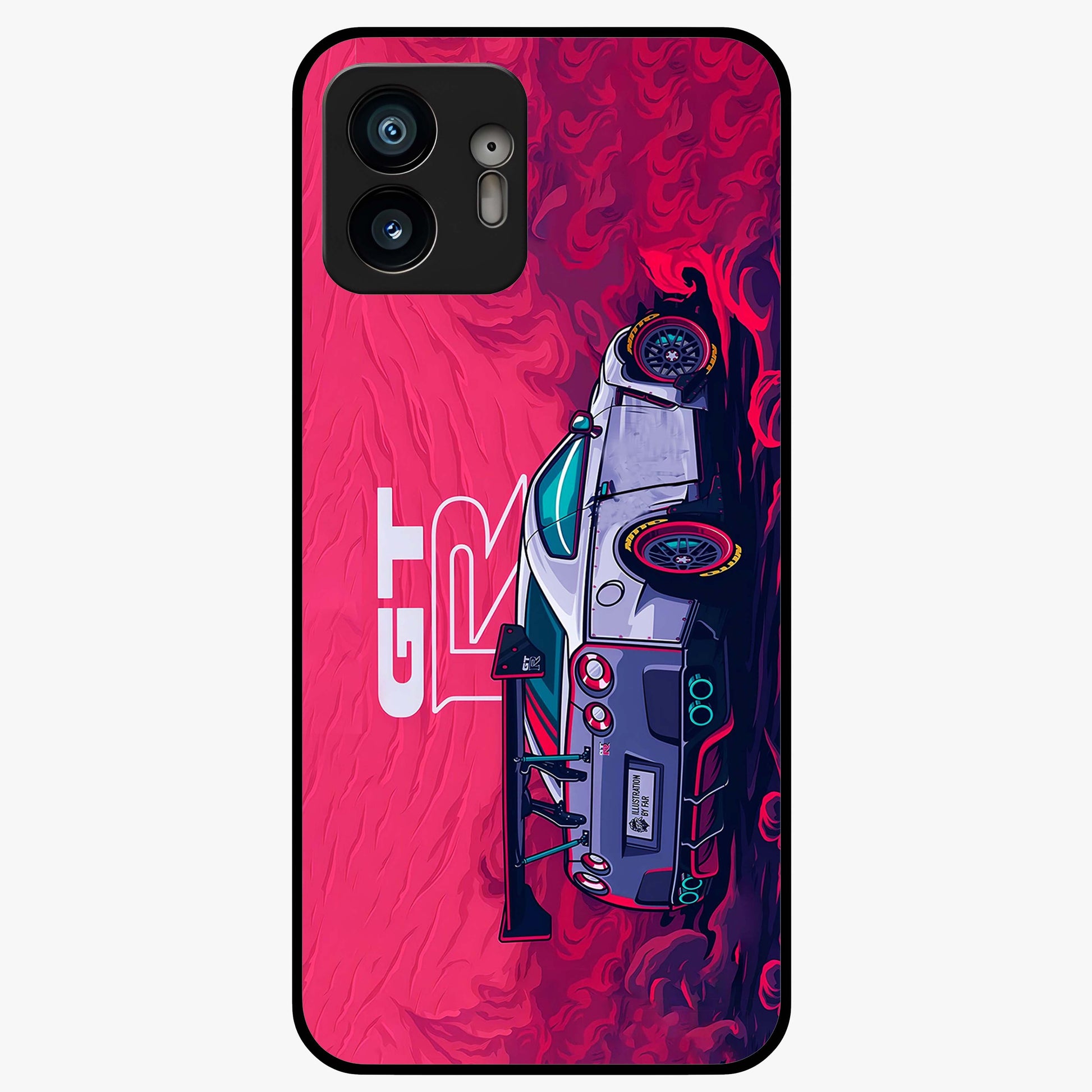 GT-R Car Pattern Glass Case showing flat back view with sporty car inspired pattern artwork and glossy glass finish.