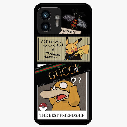 Gucci Play Mashup Glass Case showing flat back view with luxury inspired graphic artwork and glossy glass finish.