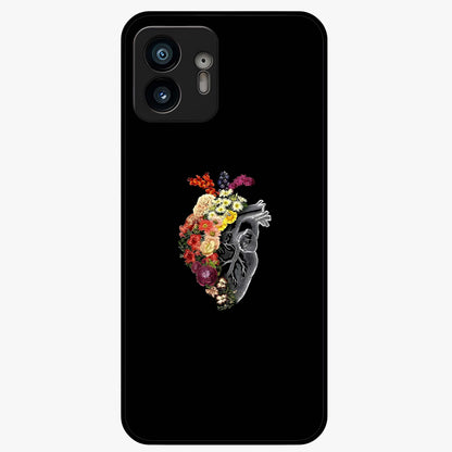 Heart With Flowers Glass Case showing flat back view with heart shaped floral artwork and glossy glass finish.