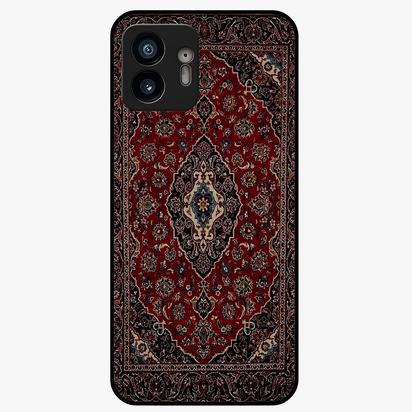 Heritage Carpet Royale Glass Case showing flat back view with ornate Persian carpet inspired pattern and glossy glass finish.