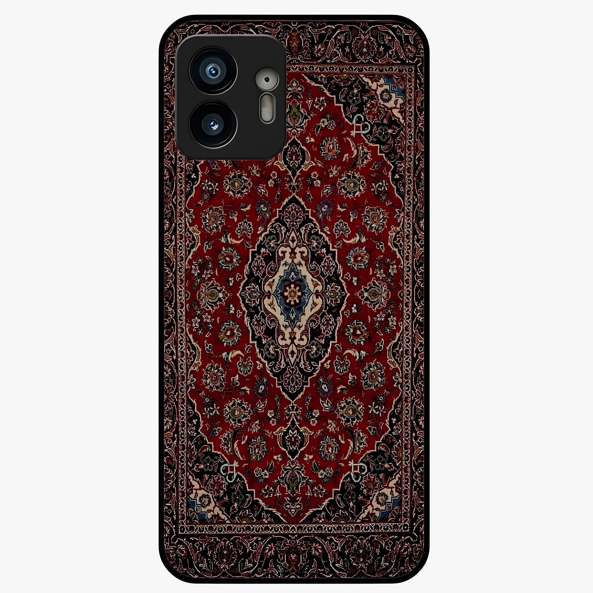 Heritage Carpet Royale Glass Case showing flat back view with ornate Persian carpet inspired pattern and glossy glass finish.