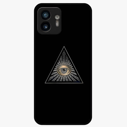 Illuminati Evil Glass Case showing flat back view with mysterious illuminati symbol artwork and glossy glass finish.