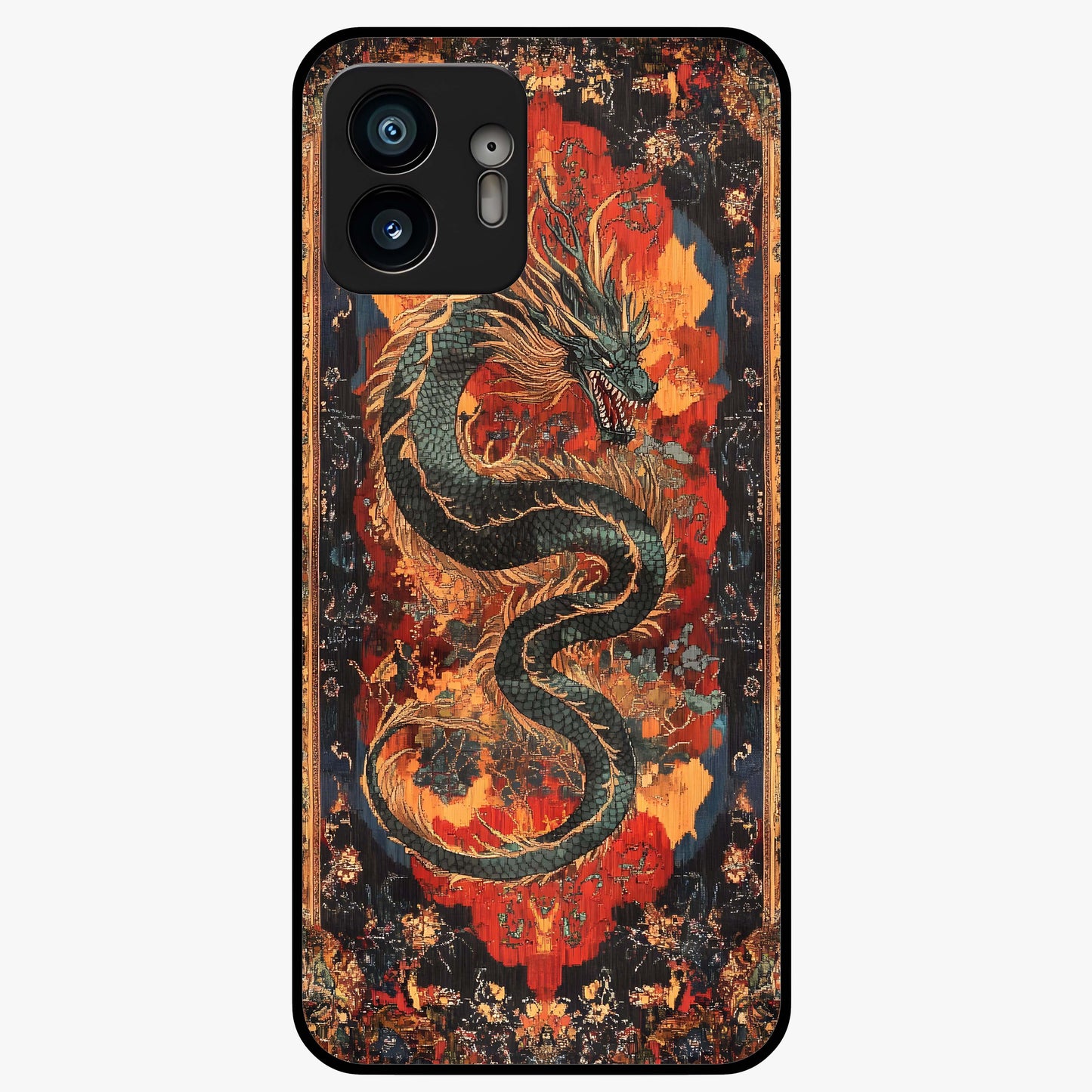 Inferno Dragon Soul Glass Case showing flat back view with fiery dragon artwork and glossy glass finish.