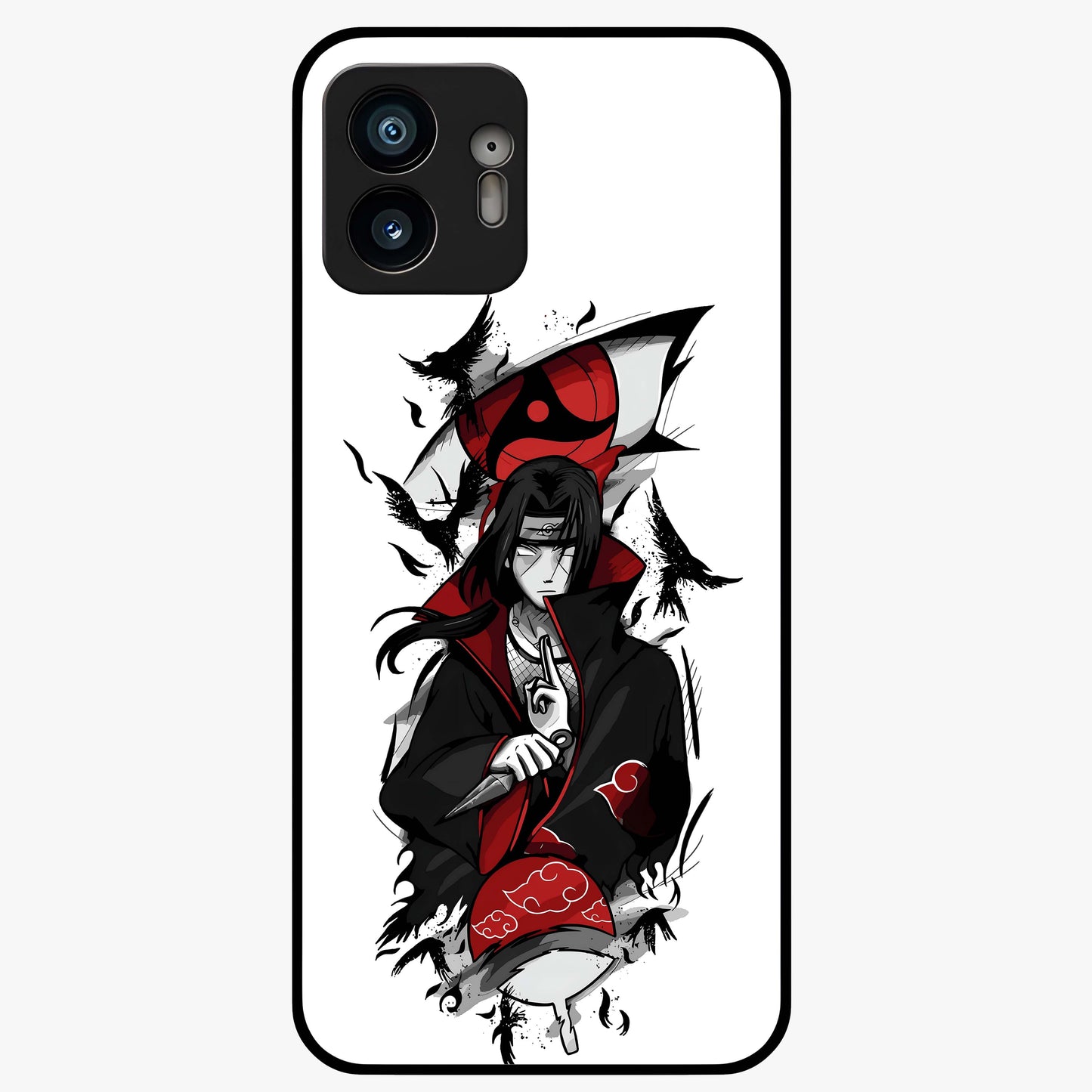 Itachi Sharingan Glass Case showing flat back view with powerful anime eye artwork and glossy glass finish.