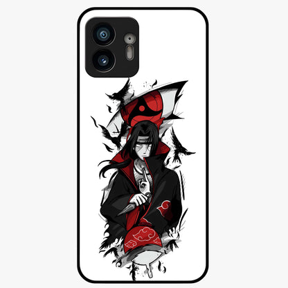 Itachi Sharingan Glass Case showing flat back view with powerful anime eye artwork and glossy glass finish.
