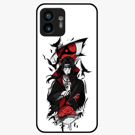 Itachi Sharingan Glass Case showing flat back view with powerful anime eye artwork and glossy glass finish.