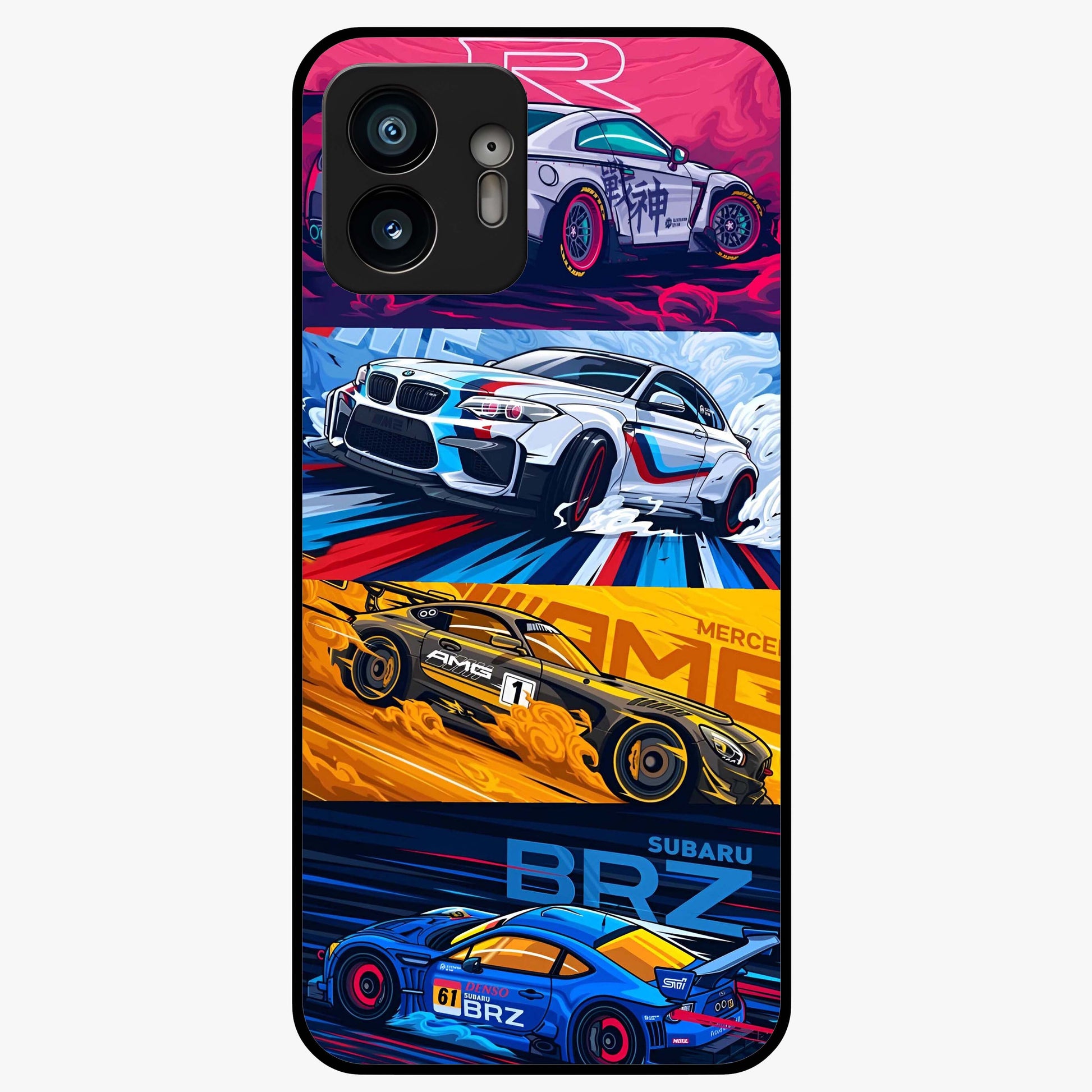 JDM Sports Car Glass Case showing flat back view with high performance sports car artwork and glossy glass finish.