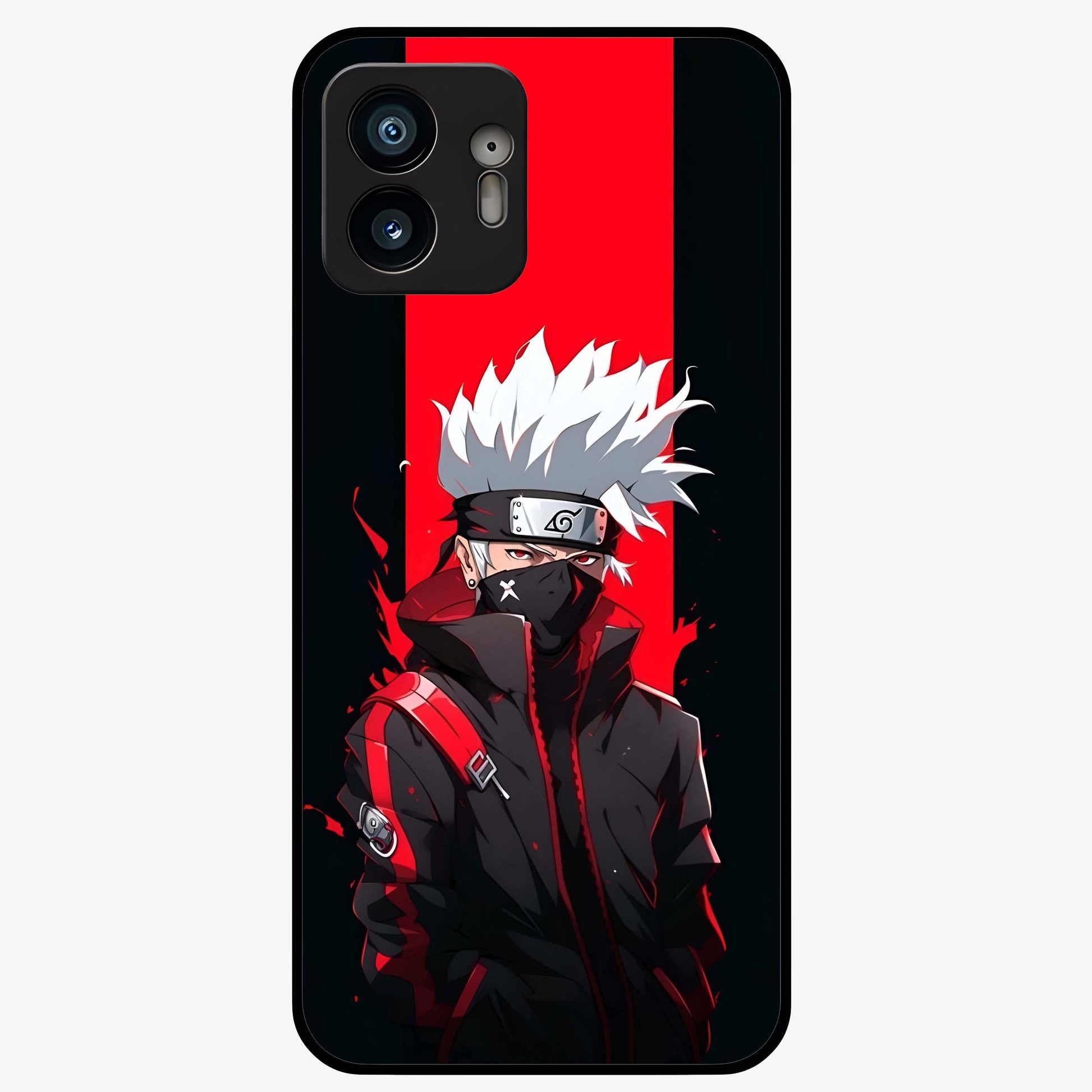 Kakashi Scarlet Shadow Glass Case showing flat back view with powerful anime ninja artwork and glossy glass finish.