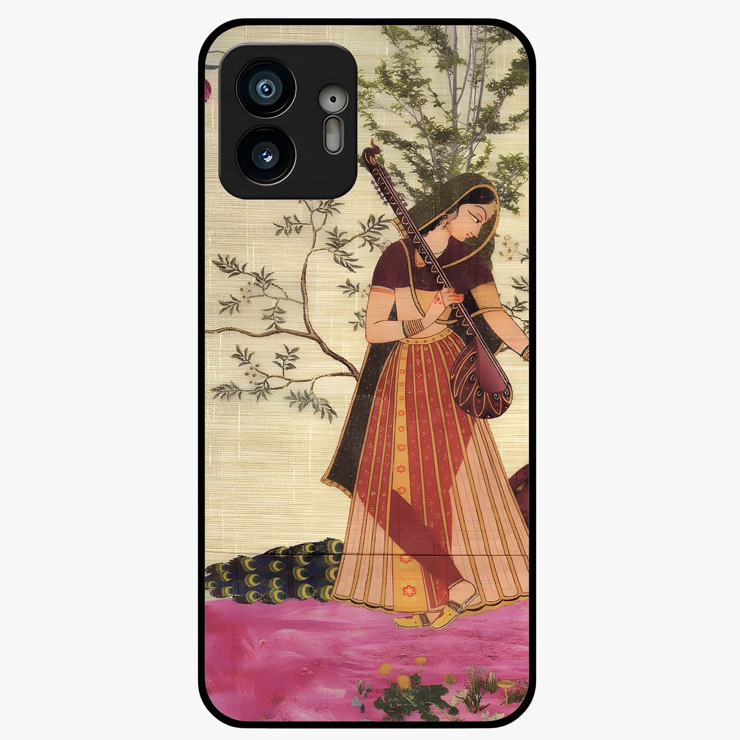Lady With Veena Art Glass Case showing flat back view with elegant woman playing veena artwork and glossy glass finish.