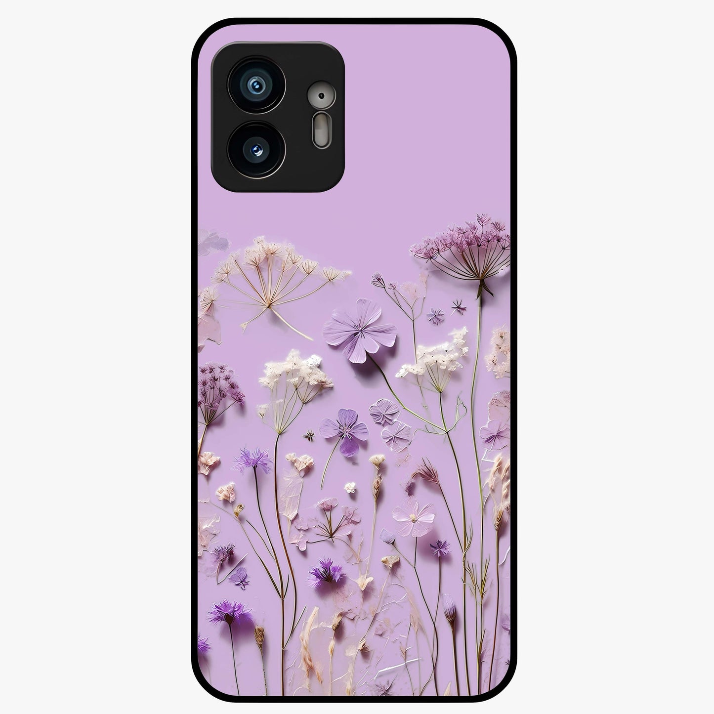 Lavender Blossom Dream Glass Case showing flat back view with soft lavender floral artwork and glossy glass finish.