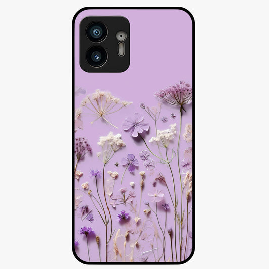 Lavender Blossom Dream Glass Case showing flat back view with soft lavender floral artwork and glossy glass finish.