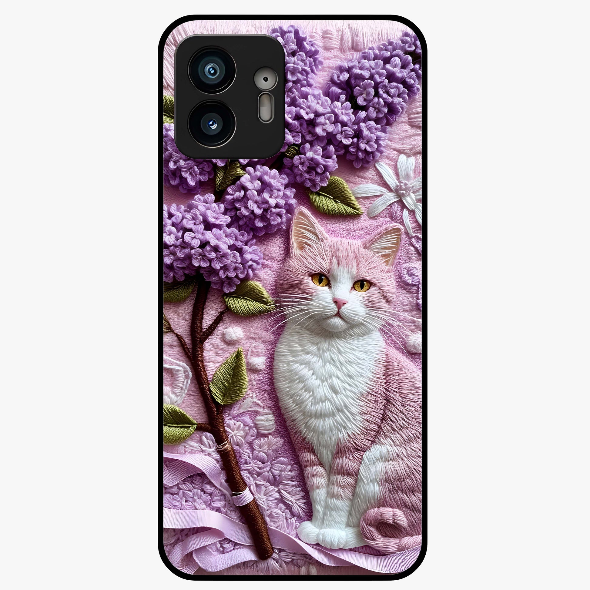 Lavender Cat Whimsy Glass Case showing flat back view with cute lavender cat artwork and glossy glass finish.