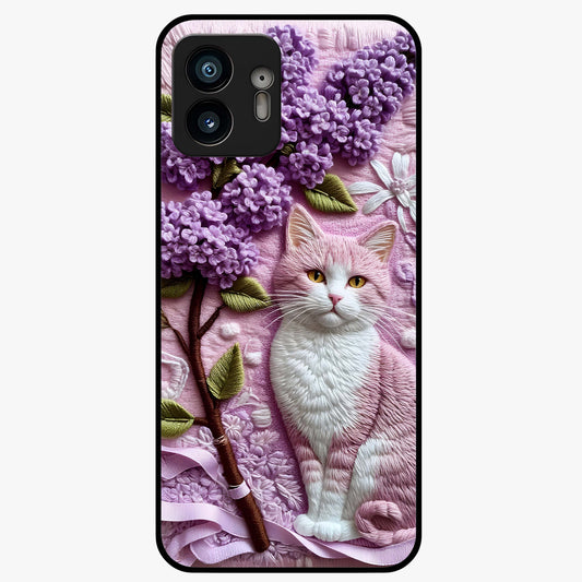 Lavender Cat Whimsy Glass Case showing flat back view with cute lavender cat artwork and glossy glass finish.