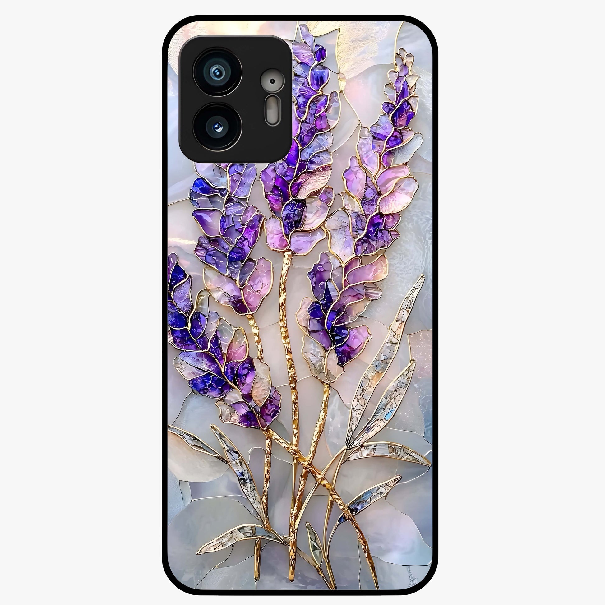 Lavender Dream Glow Glass Case showing flat back view with glowing lavender aesthetic artwork and glossy glass finish.