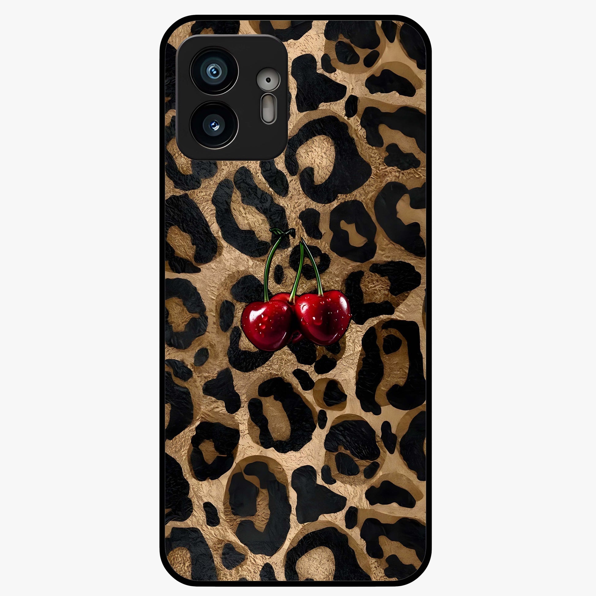 Leopard Wild Cherry Glass Case showing flat back view with leopard pattern and cherry artwork and glossy glass finish.