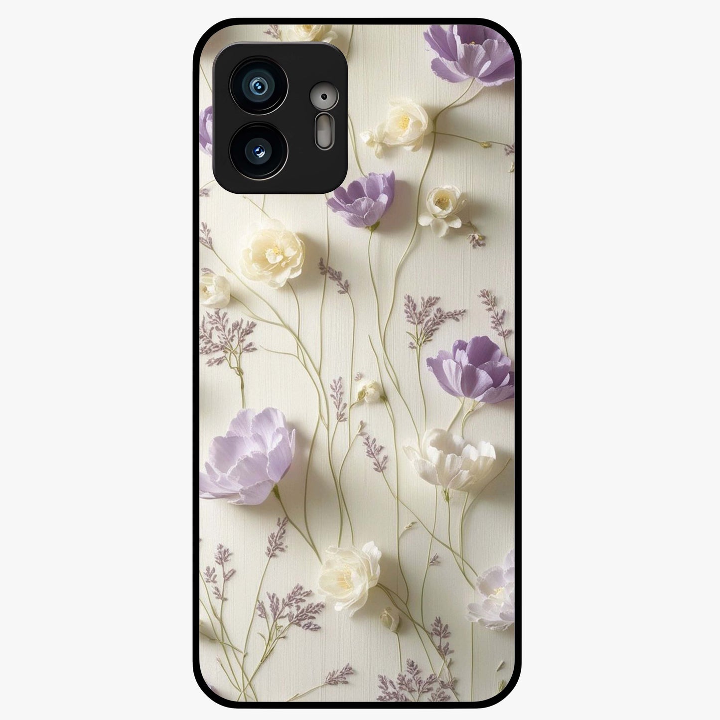 Lilac Breeze Harmony Glass Case showing flat back view with soft lilac themed artwork and glossy glass finish.