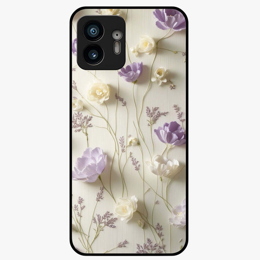 Lilac Breeze Harmony Glass Case showing flat back view with soft lilac themed artwork and glossy glass finish.