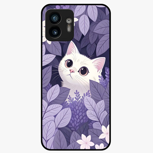 Lilac Hide Peek Cat Glass Case showing flat back view with cute peeking cat artwork and glossy glass finish.