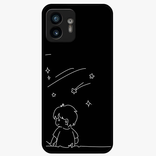 Line Art Boy With Shooting Stars Glass Case showing flat back view with minimal line art boy and shooting stars illustration and glossy glass finish.