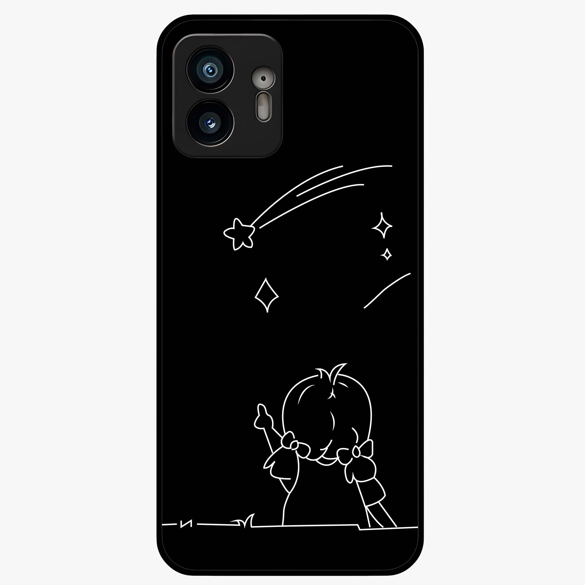 Line Art Girl With Shooting Stars Glass Case showing flat back view with minimal line art girl and shooting stars illustration and glossy glass finish.