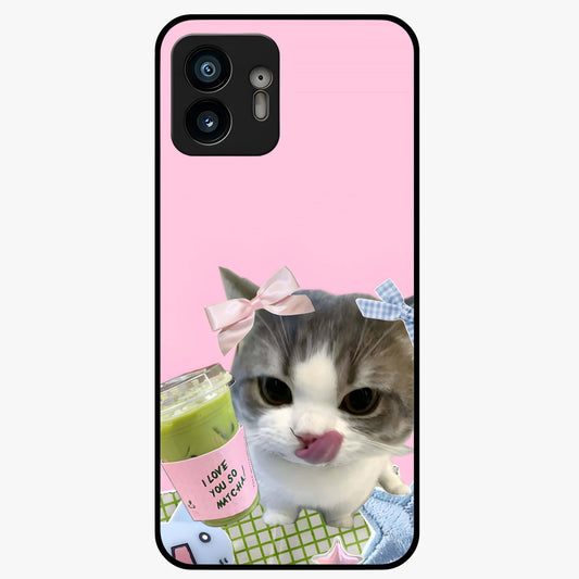 Love Matcha Cat Glass Case showing flat back view with cute cat and matcha themed artwork and glossy glass finish.