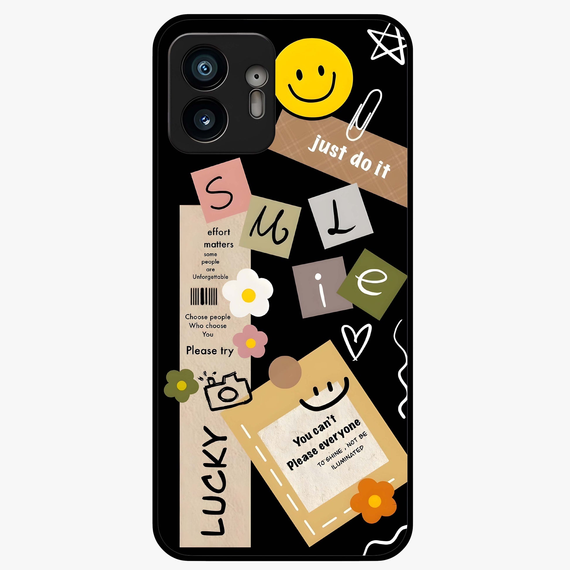 Lucky Aesthetic Collage Glass Case showing flat back view with trendy aesthetic collage artwork and glossy glass finish.