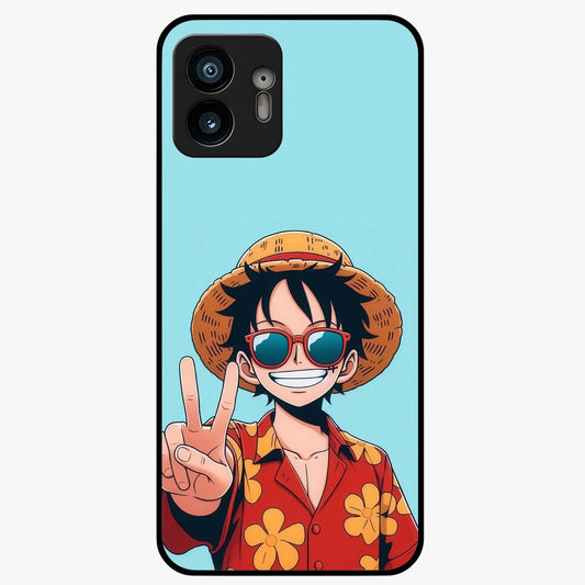 Luffy Summer Anime Vibe Glass Case showing flat back view with vibrant anime character artwork and glossy glass finish.