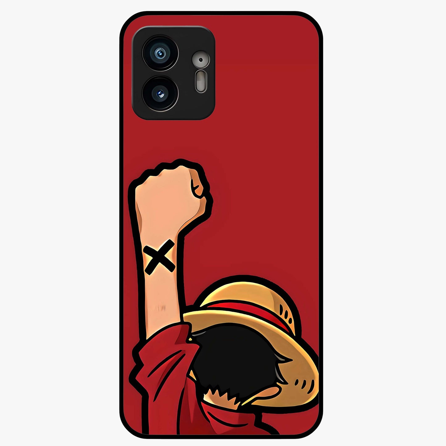 Luffy X Spirit Glass Case showing flat back view with bold anime character artwork and glossy glass finish.