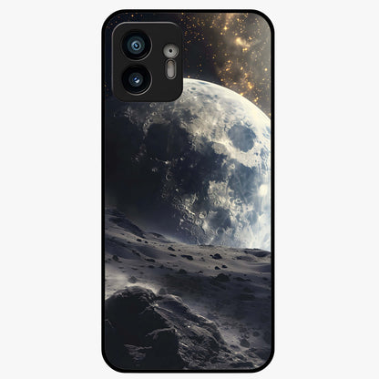 Lunar Horizon Glow Glass Case showing flat back view with glowing moon horizon artwork and glossy glass finish.