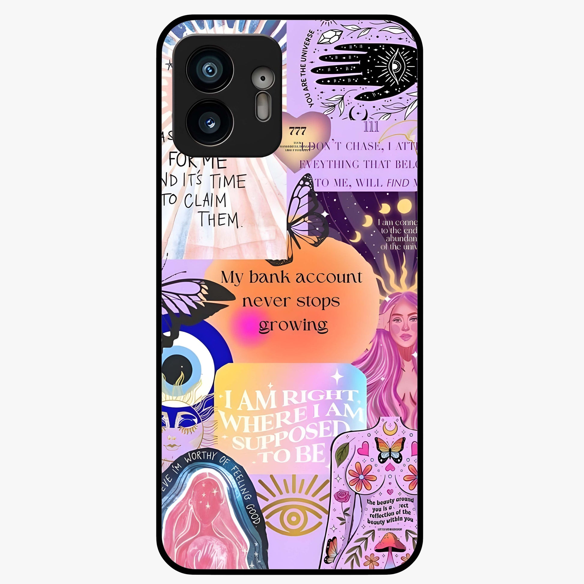 Manifestation Collage Glass Case showing flat back view with motivational collage artwork and glossy glass finish.