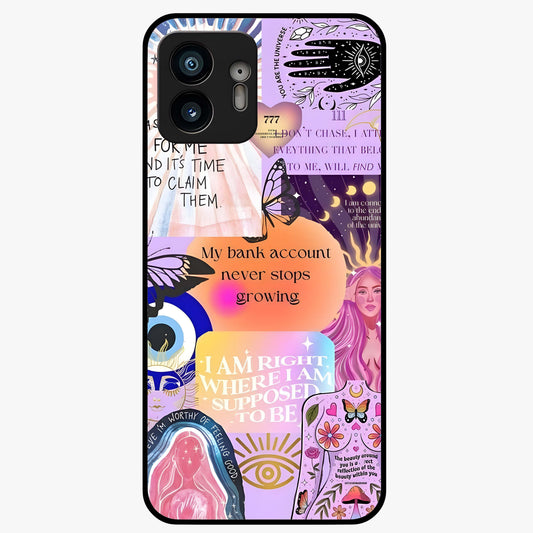 Manifestation Collage Glass Case showing flat back view with motivational collage artwork and glossy glass finish.