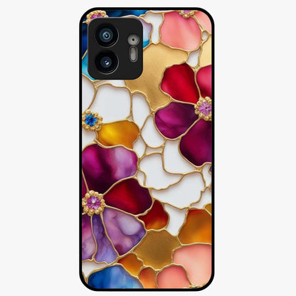 Marble Flower Pattern Glass Case showing flat back view with marble texture floral artwork and glossy glass finish.