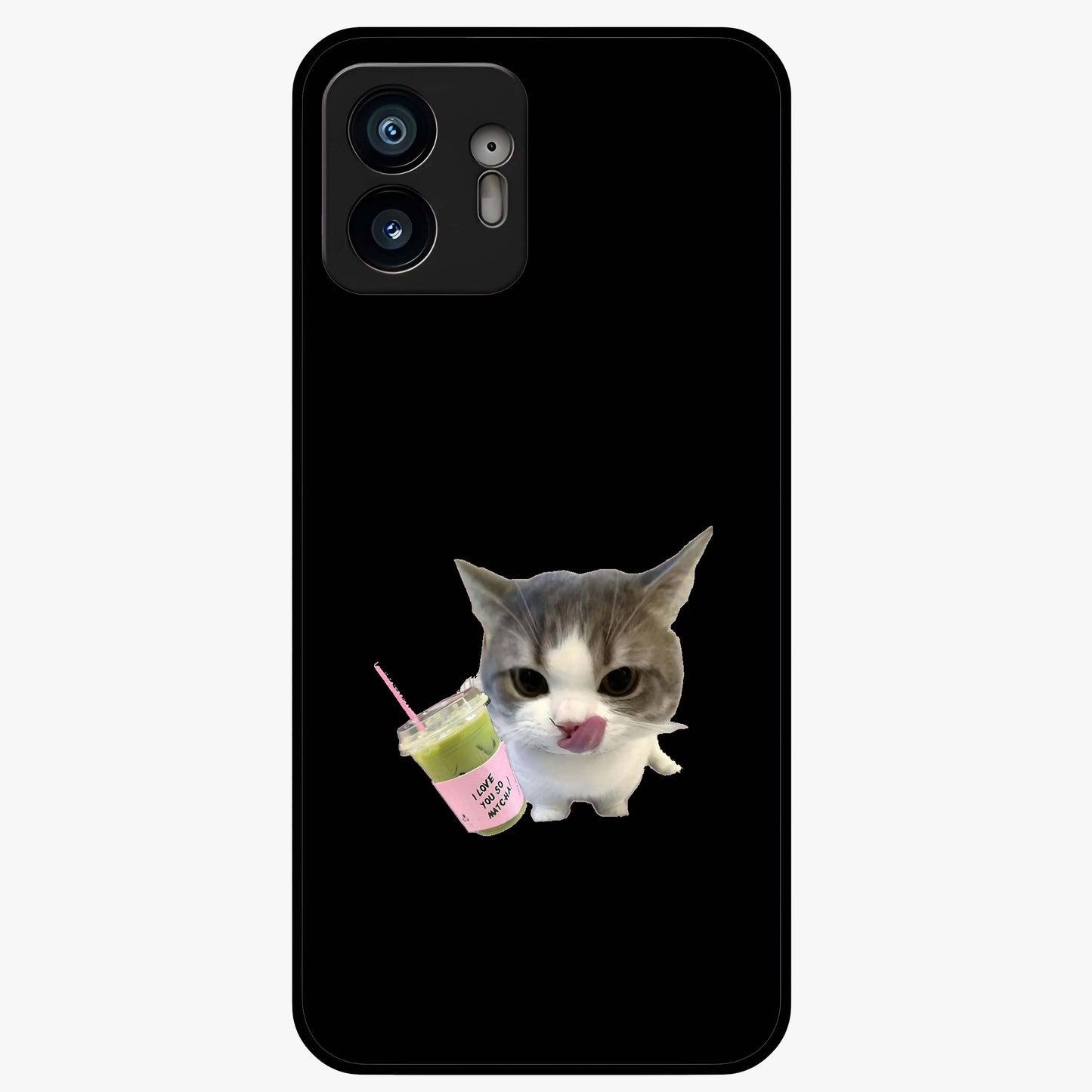 Matcha Cat Style Glass Case showing flat back view with cute matcha themed cat artwork and glossy glass finish.