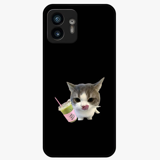Matcha Cat Style Glass Case showing flat back view with cute matcha themed cat artwork and glossy glass finish.