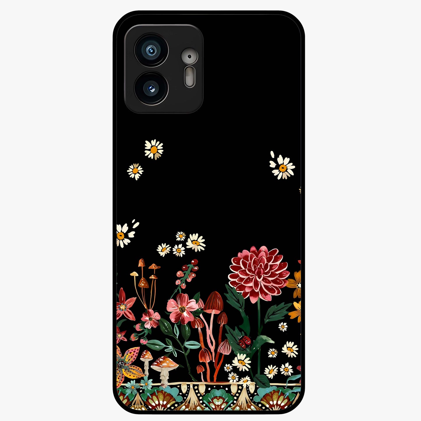 Midnight Bloom Pattern Glass Case showing flat back view with dark floral pattern artwork and glossy glass finish.