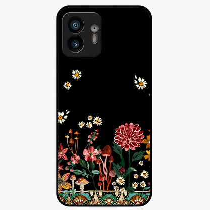 Midnight Bloom Pattern Glass Case showing flat back view with dark floral pattern artwork and glossy glass finish.
