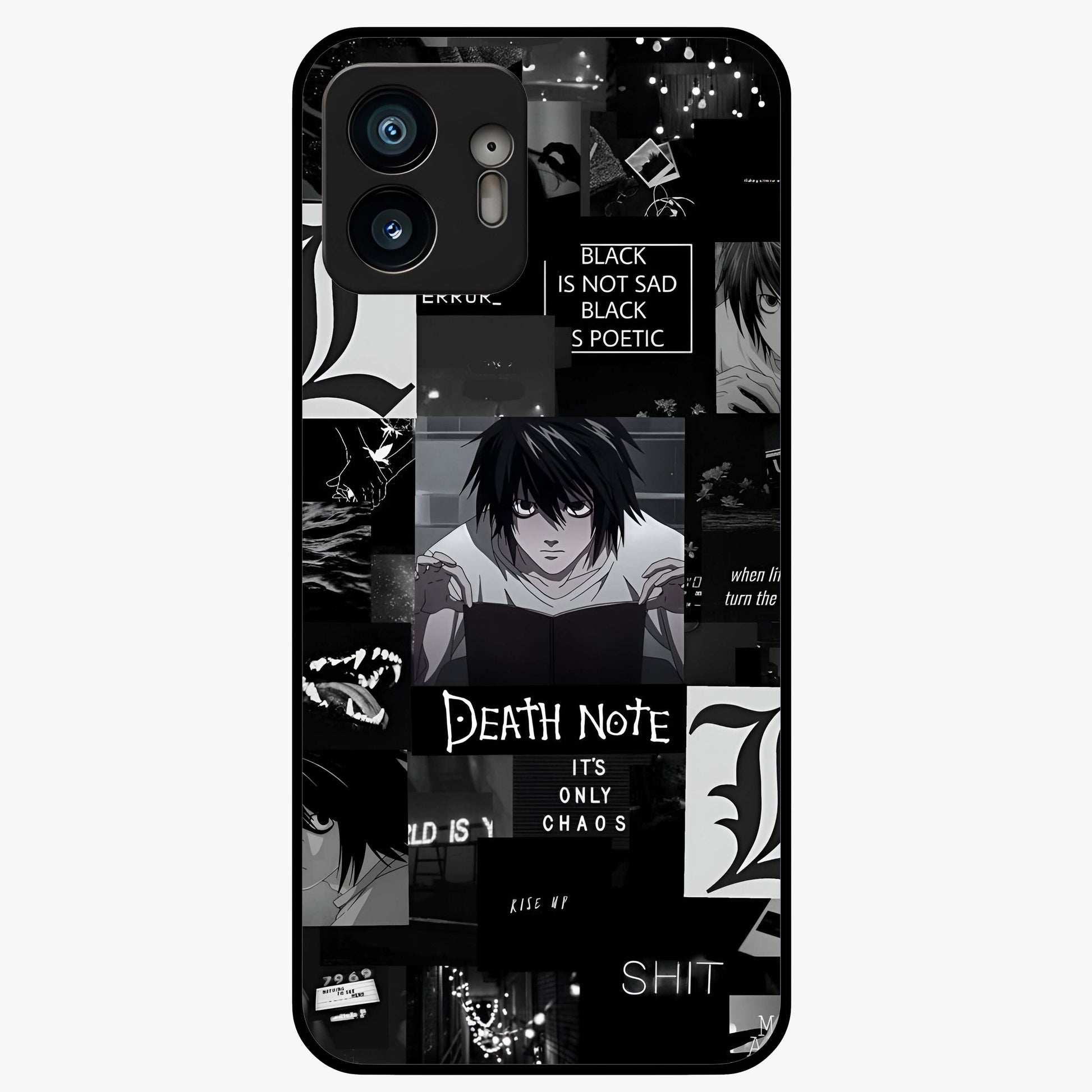 Midnight Chaos Mind Glass Case showing flat back view with abstract dark themed artwork and glossy glass finish.