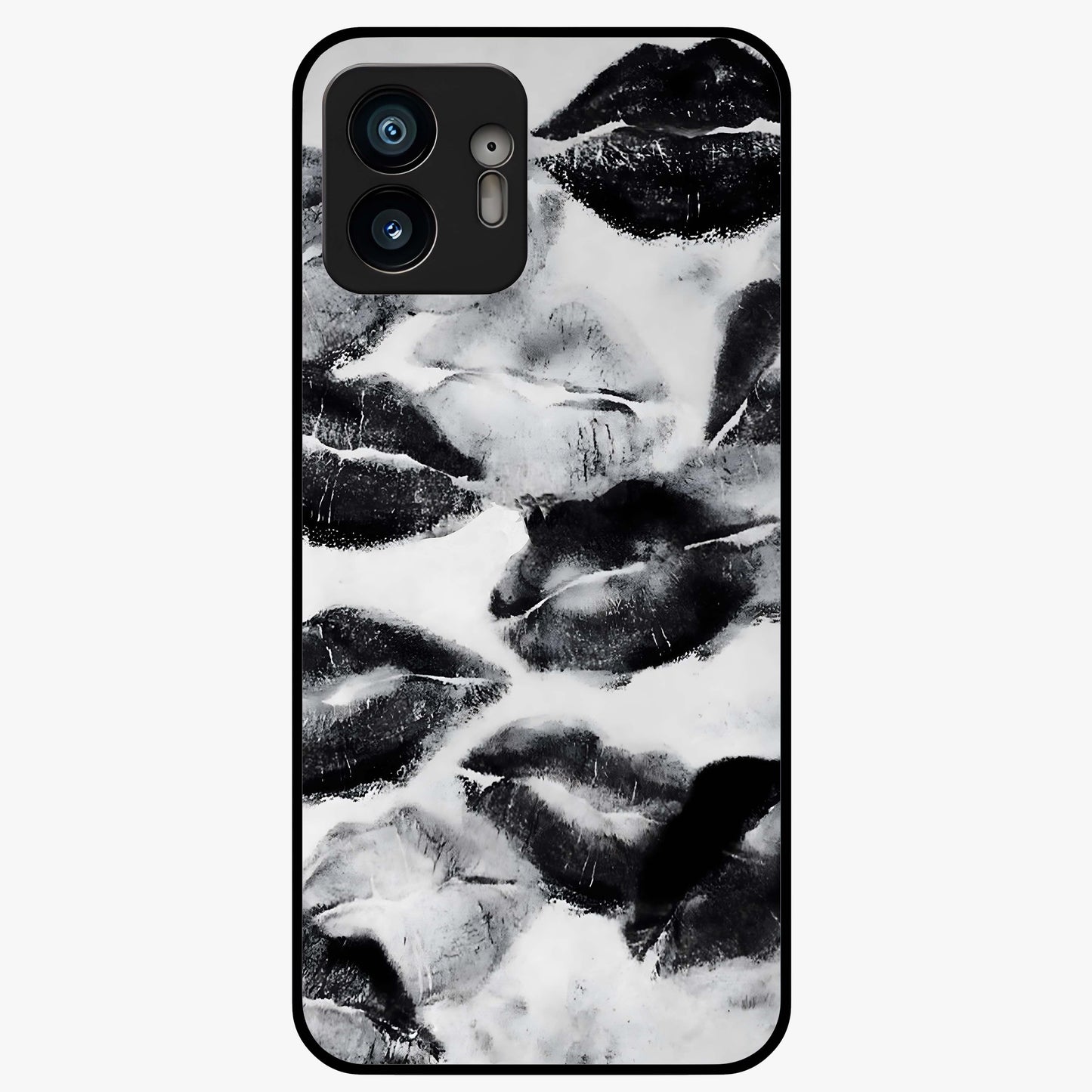 Midnight Kiss Marks Glass Case showing flat back view with lipstick kiss mark artwork and glossy glass finish.