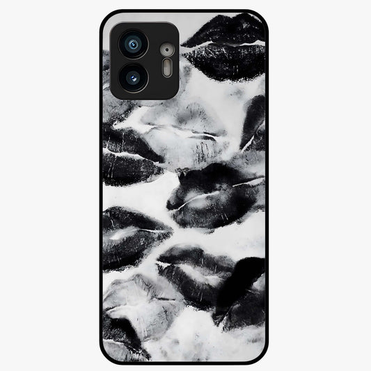 Midnight Kiss Marks Glass Case showing flat back view with lipstick kiss mark artwork and glossy glass finish.
