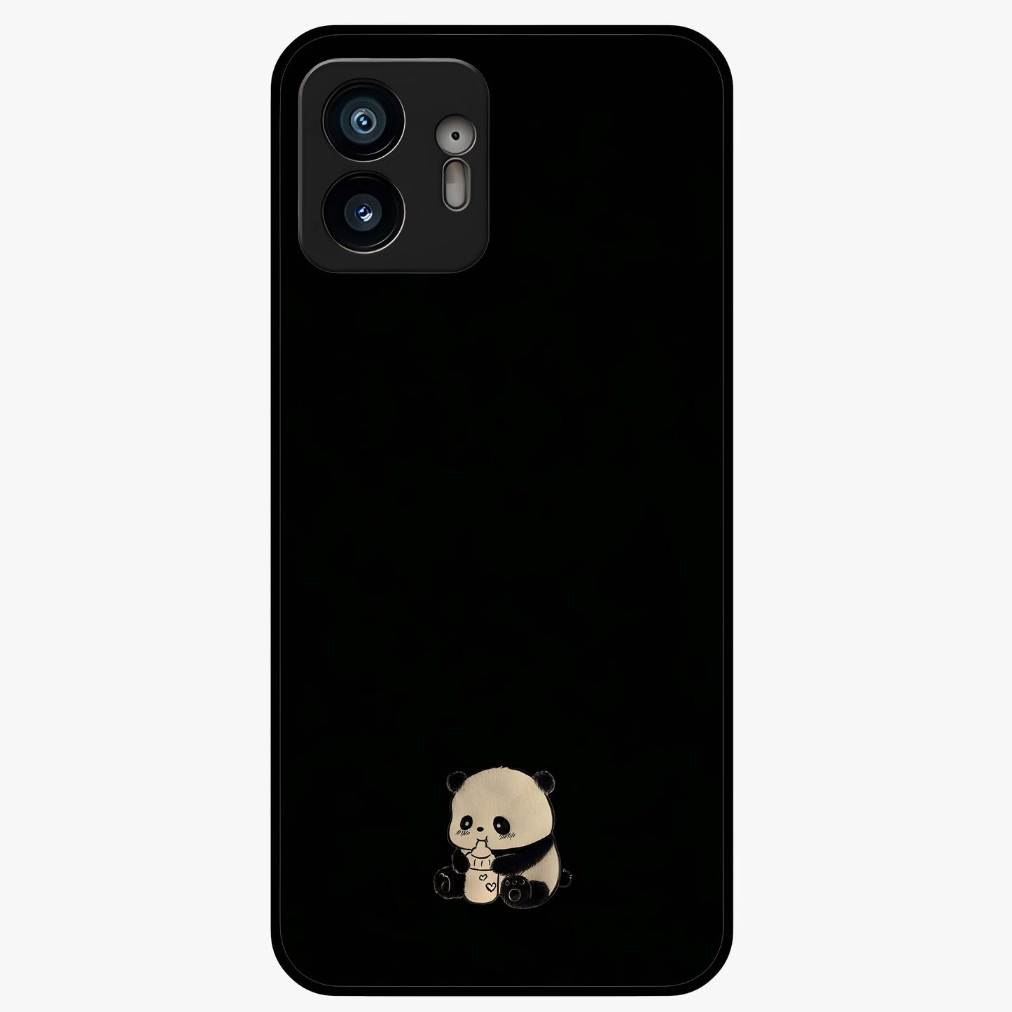Midnight Panda Love Glass Case showing flat back view with cute panda themed artwork and glossy glass finish.