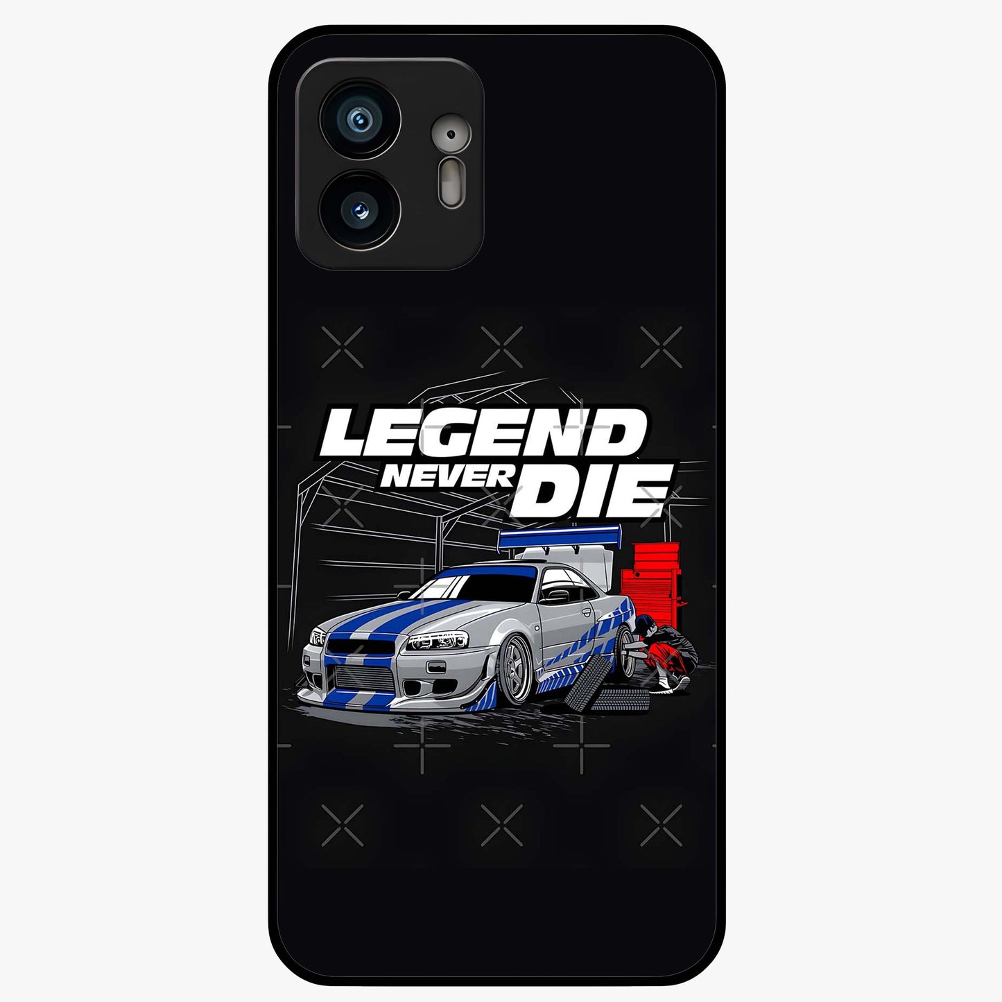 Midnight Racing Legacy Glass Case showing flat back view with sleek racing inspired artwork and glossy glass finish.