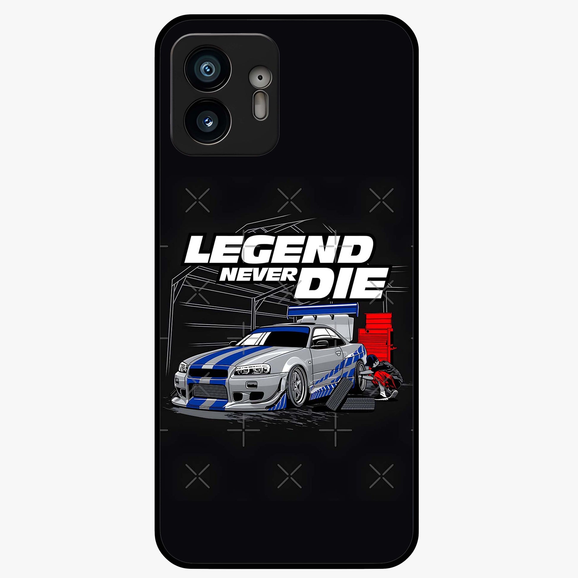 Midnight Racing Legacy Glass Case showing flat back view with sleek racing inspired artwork and glossy glass finish.