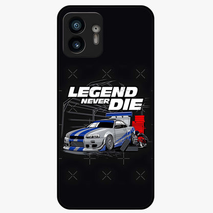 Midnight Racing Legacy Glass Case showing flat back view with sleek racing inspired artwork and glossy glass finish.