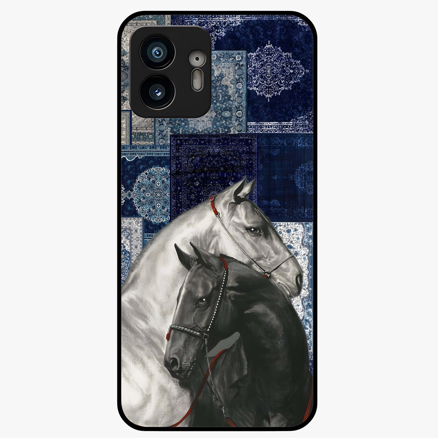 Midnight Stallion Blues Glass Case showing flat back view with majestic horse artwork and glossy glass finish.