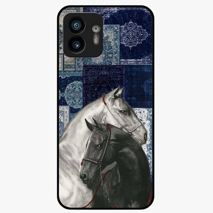 Midnight Stallion Blues Glass Case showing flat back view with majestic horse artwork and glossy glass finish.