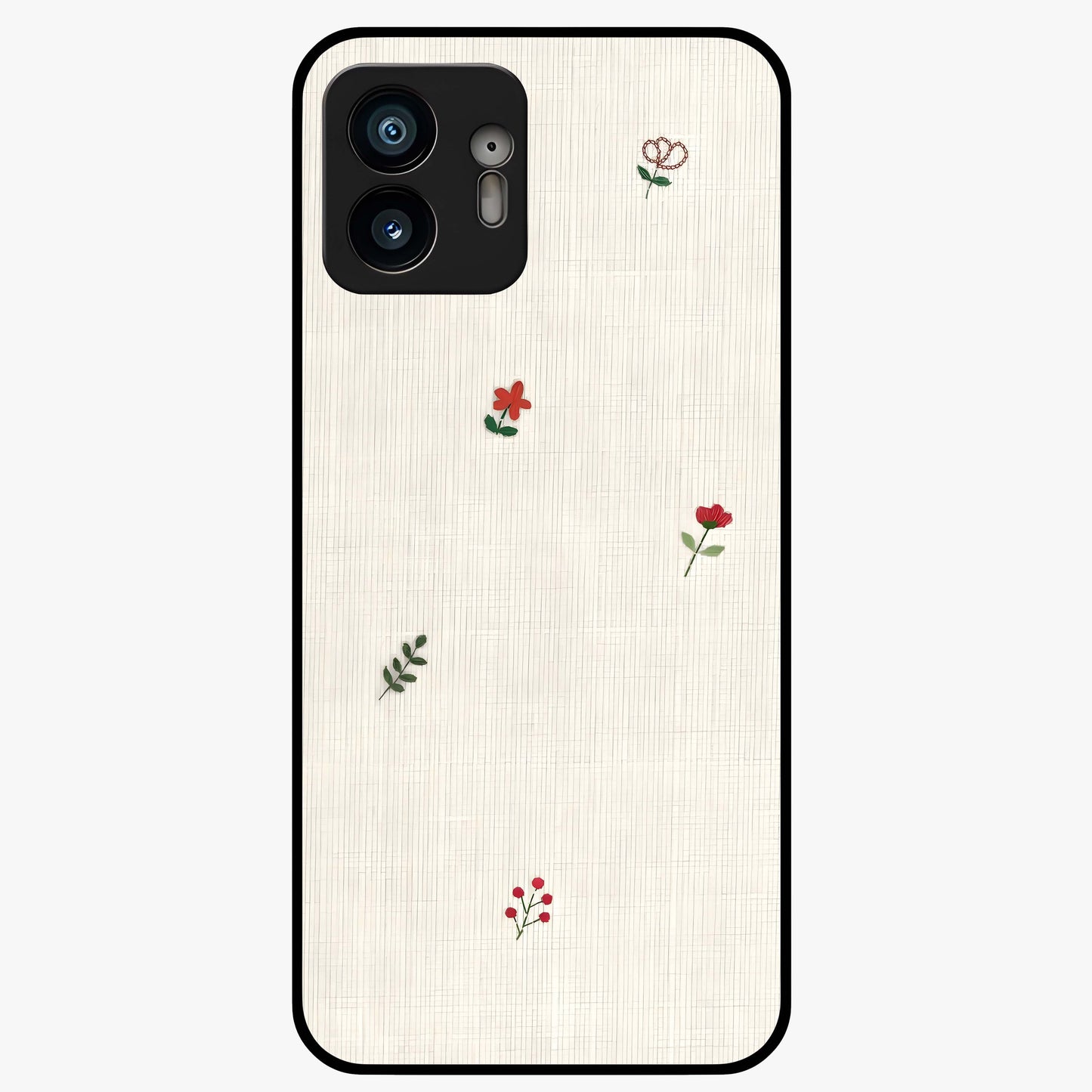 Minimal Petal Whispers Glass Case showing flat back view with soft minimal floral artwork and glossy glass finish.