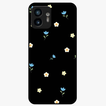 Minimalistic Blue With White Flower Pattern Glass Case showing flat back view with blue background and white flower pattern and glossy glass finish.